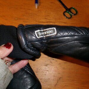 ladies large leather ski gloves vtg Saranac navy large leather